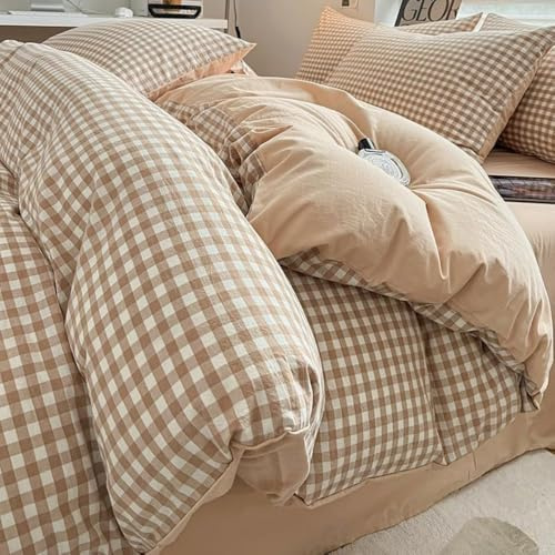 Beige Gingham Duvet Cover Single Brown Plaid Checkered Grid Bedding Set | Beige Brown Check Grid, Country Style, Modern Comforter Cover 135x200 cm with Zipper Closure and 1 Pillowcase 50x75 cm