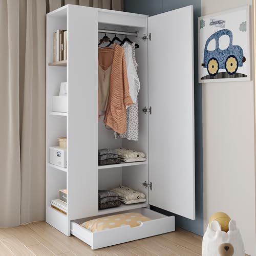 Moimhear Armario, 70x40x170cm, diseño de una puerta, con estantes y cajones, puro, adecuado para dormitorio (Blanco)