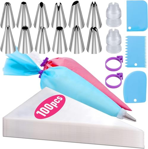 suxuMhao Sacchetto floreale e set di aspirazione, 100 sacchetti da pasticceria usa e getta da 30,5 cm con 2 convertitori, 3 raschietti crema, 1 sacchetto floreale in EVA, 2 fascette in silicone, 12