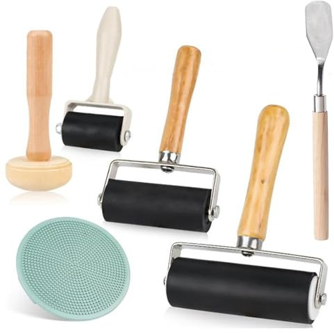 Brayer Roller for Crafts, 3Pcs Ink Roller Rubber Roller with 1 Scraper, Mushroom Roller and Plastic Stamp Making Pressure Plate for Printmaking DIY Art Craft Ink Applicator Art Craft Oil