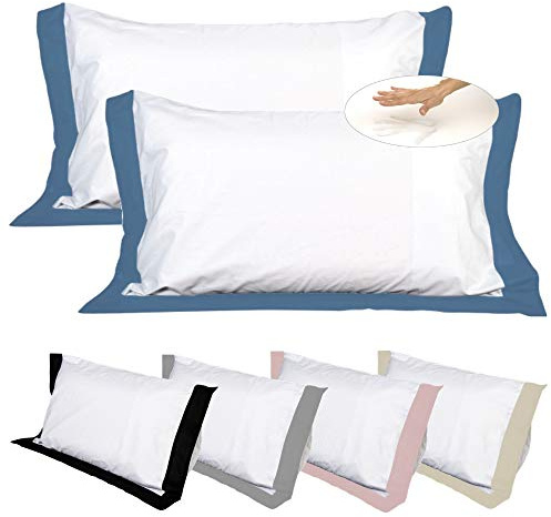 EVERGREENWEB Cuscini Letto Coppia 100% Memory Foam bassi 9 cm con Elegante Set di 4 Fodere GRATIS in Morbido Cotone Bianco + Balza Blu, 2 Guanciali per dolori CERVICALI in Schiuma Ergonomica ANTIACARO