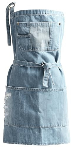 Jowcud Denim Apron With 5 Pockets for Cooking Kitchens,Hairstylist Aprons for Women Men,Adjustable Bib Jean Apron for Arts Gardening Cafes Bars Work