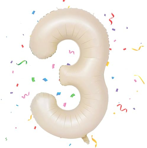 Foil Globo Numero 3, VUCDXOP 101 CM Color crema Globo de cumpleaños 3, globos de helio número 3, Decoracion 3 Cumpleaños Niños, Globos Numeros Gigantes para Fiestas, Vuelan con Helio