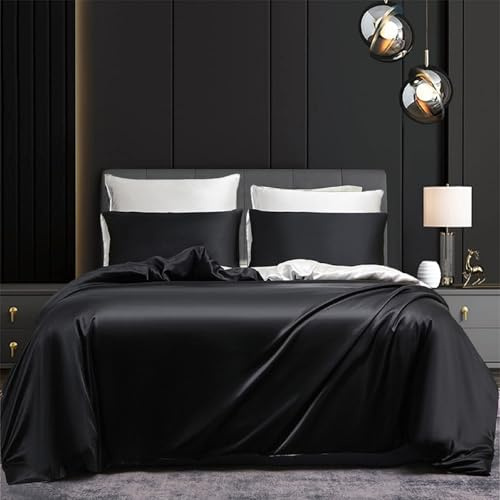 Gezu Copripiumino in raso nero, bianco, tinta unita, double face, 240 x 260, set di biancheria da letto matrimoniale, raso di seta, liscio, biancheria da letto con 2 federe 65 x 65 cm, con chiusura
