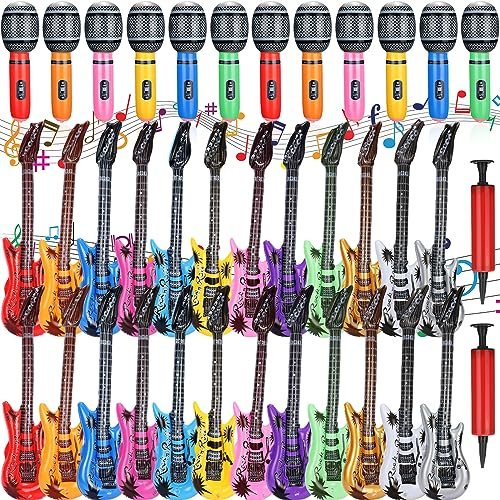 Chitidr 36 Pcs Colorful Inflatable Instruments Rock Star Toy Set Including 12 Pcs Plastic Microphones, 24 Inflatable Guitars and 2 Inflator for Musical Concert Themed Party Decoration