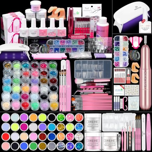 Saviland Kit d'ongles en acrylique avec perceuse à ongles, Kit professionnel Complet d'ongles acrylique avec vernis à ongle/lampe U V et outils nécessaires pour utilisation en salon ou à la maison