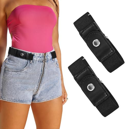 Piriuuo 2 Stück Gürtel Ohne Schnalle, Schnallenfreier Verstellbarer Gürtel Seitengürtel ohne Schnalle für Damen und Herren Elastischer GürtelUnsichtbarer Dehnbarer für Jeanshosen Kleider (Schwarz)