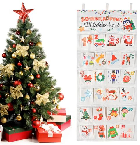 Adventskalender zum selbst Befüllen, Adventskalender zum Befüllen Wiederverwendbar mit 24 Stoffbeutel, Weihnachtskalender Adventskalender zum Aufhängen Weihnachtsdeko Party Favors