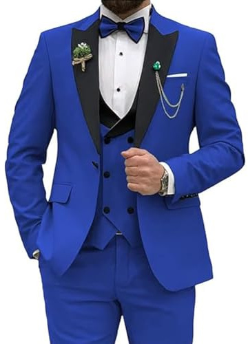 Män smal passform kostym 3 delar bröllopsfest bal passar en knapp jacka väst och byxor med slips, Kungsblå, XL