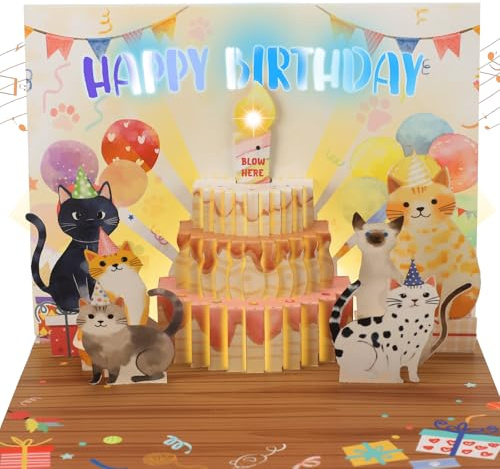 Musical Birthday Cards, Funny Pop Up Cat Birthday Card with Colourful Lights, Greeting Card with Blow Out Candles & DIY Numeric Ages, Birthday Cards for Boys, Girls, Men, Women, Wife, Cat Lovers