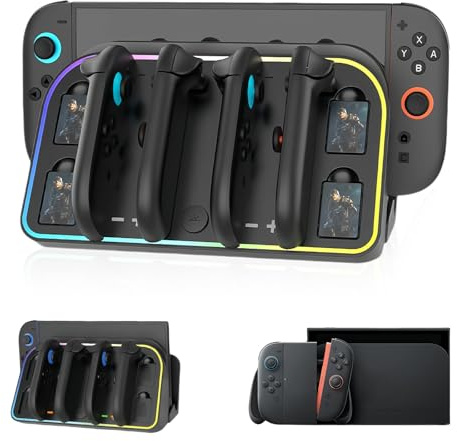AriKroii Stazione di Ricarica Controller per 2025 Nintendo Switch 2,Supporto a Parete per Switch 2 Joy-Con con Luci RGB,Accessori per Nintendo Switch 2 con 4 Slot per Carte di Gioco