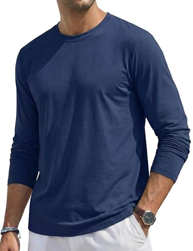 TACVASEN T-Shirt Manche Longue Homme Coton Tendance Casual Bleu Marine M