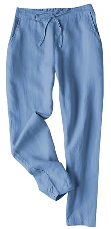 Tanming Cotton Linen Pants for Women Summer Casual Trousers(Blue-L)
