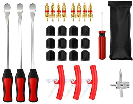 Abiyou 29PCS Leva di Montaggio per Pneumatici, Leva a Cucchiaio in Acciaio con 3 Protezioni per Cerchi, Leve Smontagomme Moto Invia Borsa, per Motocicletta, Bicicletta, Carrello Pneumatici