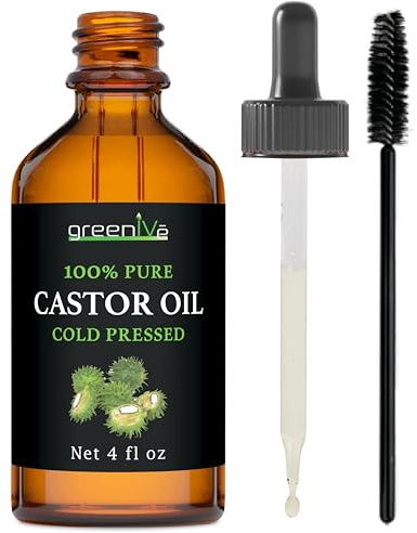 GreenIVe 100% Pure Castor Oil – Cold-Pressed, Hexane-Free – Hair, Eyebrows, Eyelashes, Skin Moisturizer, Castor Pack Wrap Oil Glass Bottle (4 Fl oz)