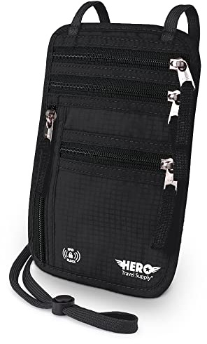 HERO Neck Wallet - RFID Blocking Passport Holder, Easy to Conceal Travel Pouch (Black)
