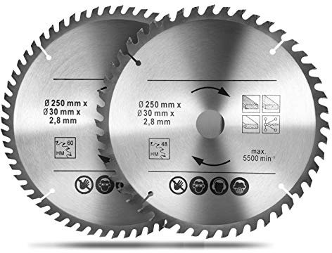 Lot de 2 lames de scie circulaire 250 x 30 mm, lame de scie circulaire en métal dur 48T & 60T TCT sah, alésage pour bois naturel, bois dur, contreplaqué