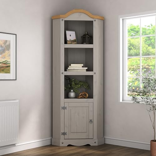 Corona Grey Corner Display Bookcase Unit Mexican Solid Pine