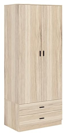 URBNLIVING Tall Wooden 2 Door Wardrobe With 2 Drawers Bedroom Storage Hanging Bar Clothes (Oak Carcass + Oak Drawers)