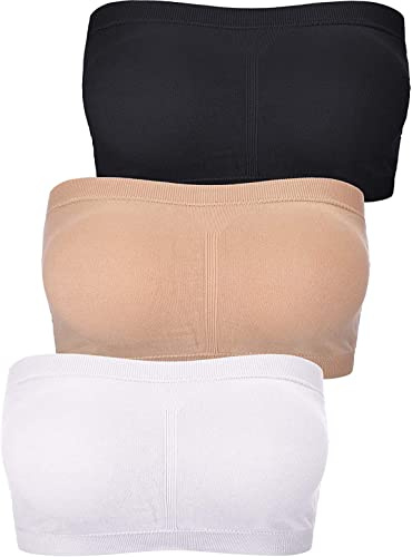 FULIER Women Bandeau Bra Padded Strapless Brarette Soft Bra Seamless Stretchy Bandeau Tube Top Bras (Black, White, Nude, XXL)