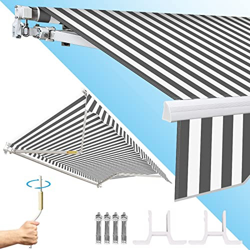 Randaco Store Banne Manuel Rétractable, 350x300cm Protection Solaire Auvent de Terrasse avec Manivelle, Angle Réglable 0-30°, Résistant aux UV et à l'eau pour Fenêtre, Gris-Blanc