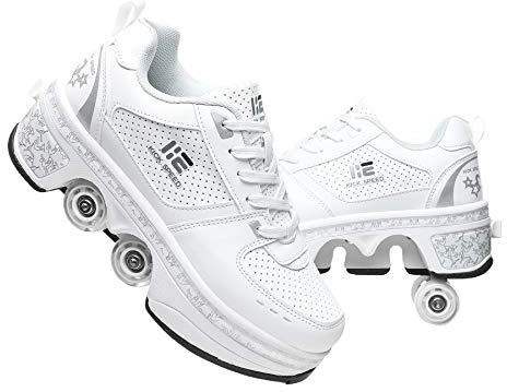 Pairobin 2-in-1 Roller Skates Shoes with Retractable 4 Wheels & Pop-Out Deformation Sneakers Outdoor Sports Skating Shoes for Girls Boys, White, 5.5