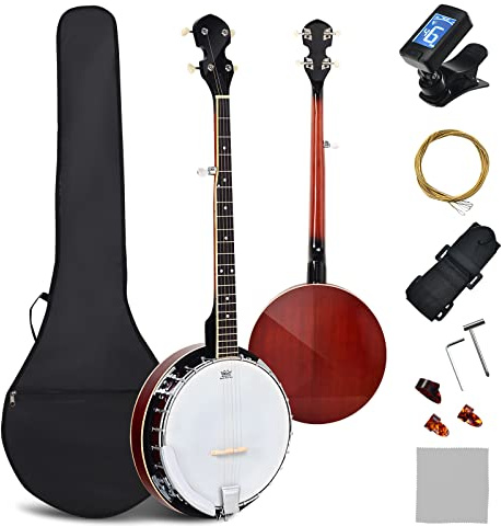 GYMAX 5 String Banjo with Remo Head, Gig Bag, Digital Tuner, Strap & Picks, 24 Adjustable Brackets, Geared 5th Tuner, 39’’ Full Size Banjo for Beginners