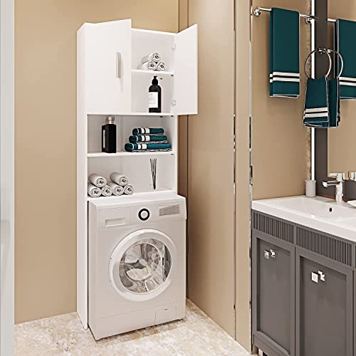 Bricozone Mobile Sopra Lavatrice Asciugatrice Scaffale in Legno Mobiletto Bagno Armadietto da Incasso a Colonna con Ante Coprilavatrice per Lavanderia 190 x 26 x 64 cm Bianco