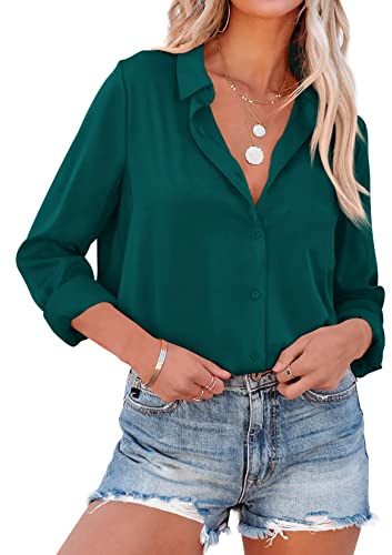 NONSAR Elegante blusa de satén y mangas largas para mujer, camisa con cuello en V, blusa de oficina de estilo casual, Dunkelgrün, XXL