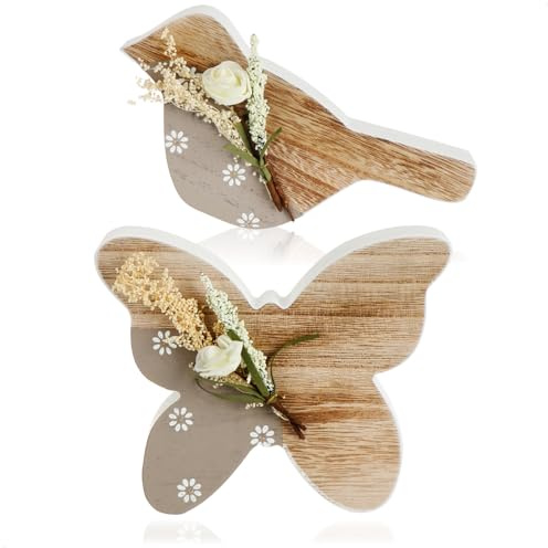 com-four® 2X Figure Decorative in Legno - Farfalla e Uccello per la Decorazione Primaverile - Espositore per Pasqua, Primavera, Estate - Figure in Legno Chiaro (2 Pezzi - Uccello. Legno di Farfalle)