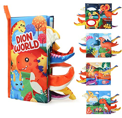 JoyPlus Giochi Neonato 0-12 Mesi, Giocattoli per Libri Sensoriali ad Alto Contrasto, Giochi Montessori Libro Tattile con Specchio, Giocattoli Libro di Stoffa per Neonati 0-12 Mesi(Mondo dei Dinosauri)