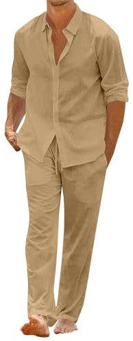 Trainingsanzug für Herren, Jacke, Herren-Hose, Anzug, trendig, Sommer, atmungsaktiv, zwei atmungsaktive Anzüge, gerollte Ärmel, Hemd, Hose, Set, Woll-Smoking, khaki, XL