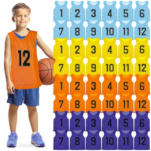 LYCN 48er Set Leibchen Fußball Kinder, 4 Farben Trainingsleibchen Nylon Mesh Wendbare Nummerierte Westen in Blau Orange gelb Lila für Fussball Volleyball Basketball Teamtraining