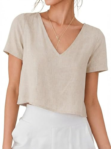IDEALSANXUN Linen Shirts for Women 2026 Trendy Spring Summer V Neck Cute Crop Beach Short Sleeve Blouses Going Out Tops, Beige, L