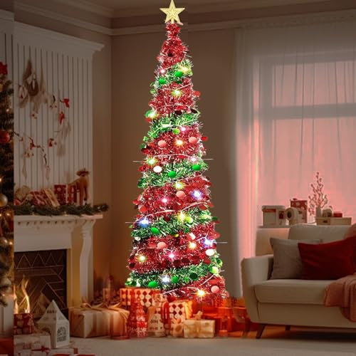 Qivine Artificial Christmas Tree, 5FT Collapsible Christmas Tree, Pop Up Tinsel Trees with 50 Leds Lights, Bright Artificial Xmas Trees Fibre Optic for Xmas Home Decoration (Red)