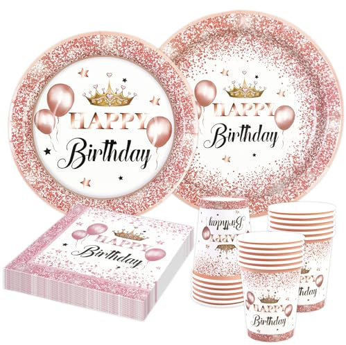 HiEnjoin 80 Stück Roségold Partygeschirr für 20 Gäste, Rosegold Geburtstag Geschirr Kindergeburtstag Teller Becher Servietten Pappteller Party Deko Mädchen, Tischdekoration für Hochzeitsfeiern