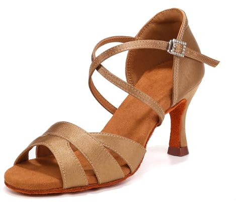 GYUBL Women's Satin Latin Dance Shoes with Open Toe, Beige, 7 US