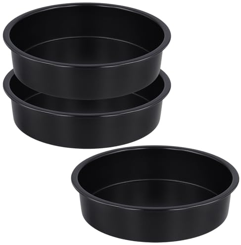 JEUIHAU 8 inch Cake Tins Set of 3, Non-Stick Carbon Steel Layer Cake Pans, Round Baking Pan for Roasting Serving (Black)