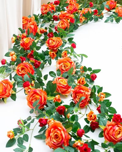 2 PCS 12FT Flower Garland Fake Rose Vine for Home Decor, Orange | Bendable stems, realistic haning silk flowers, for weding arc wall backdrop Decoration, Home Room fireplace mantel decor