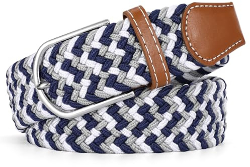 VONMELLI Mens Belt Braided Stretch Belts for Men Elastic Woven Golf Belt for Casual Pants Jeans Shorts Navy White Gray M