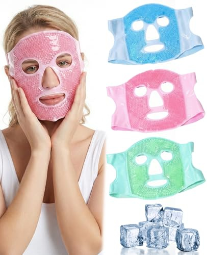 Rudfovn 3 Pcs Reusable Cooling Face Mask (Blue, Green, Pink) – Gel Ice Pack for Face & Eyes, Cold or Hot Compress to Soothe Puffy Eyes, Dark Circles, Swelling & Dryness (Universal Fit)
