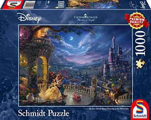 Schmidt Spiele 59484 Thomas Kinkade, Disney Die Schöne und das Biest, Tanz im Mondlicht, 1000 Teile Puzzle