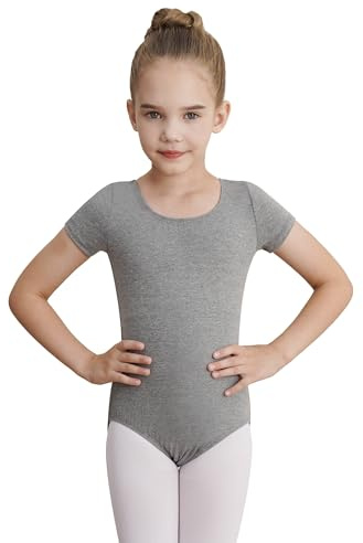 WEGETIT Gymnastik trikåer för flickor balettdans småbarn trikåer kortärmad bodysuit, Grått, 8-10 år