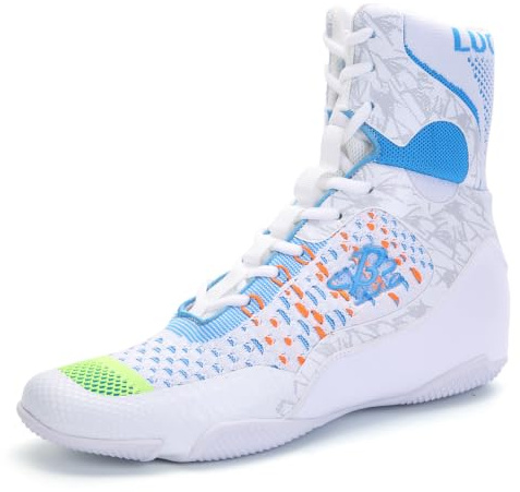 B LUCK SHOE Men's Boxing Shoes High Top – Lightweight & Breathable Training Shoes for Boxing, Kickboxing, MMA, Gym & Combat Sports LS198 White
