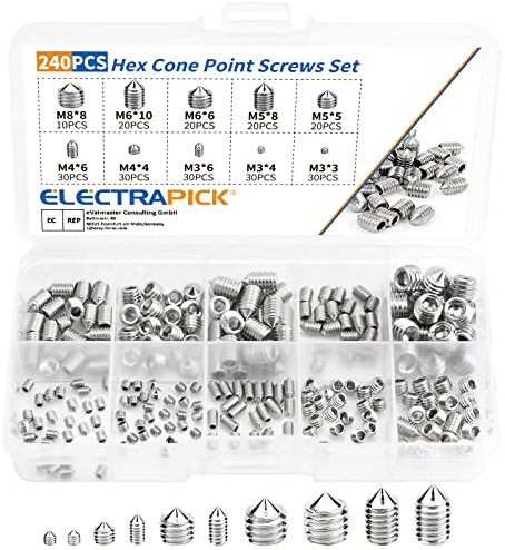 ELECTRAPICK 240 Stück Madenschrauben Kegelspitze M3 M4 M5 M6 M8 Innensechskant Gewindestifte Edelstahl Madenschraube Schneckenschraube Sortiment
