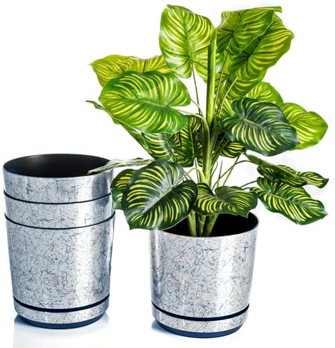KORAD Set di 4 vasi con sottovaso di diametro 16 cm modello 017 - Argento Vecchio; glamour; moderno, alta brillantezza, stile classico, rustico, per piante, erbe, fiori e composizioni vegetali.