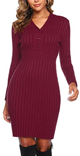 Wayleb Vestido de Punto Mujer Invierno Cuello V Suéter Largo Básico Otoño Invierno Elegante Vestido de Suéter Midi con Manga Larga Vestidos de Jersey para Oficina Fiesta