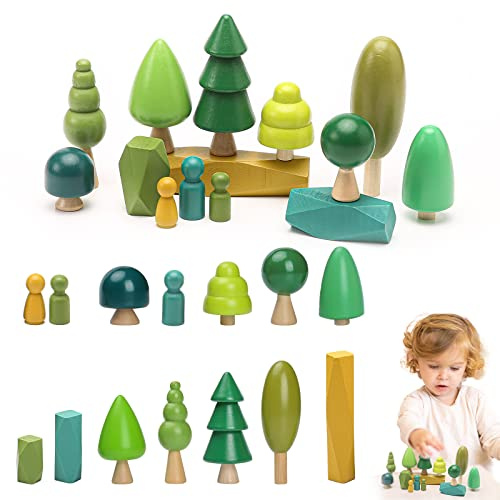 Macabaka Wooden Tree Toy Set - 14 Piece Natural Wooden Sorting, Stacking, Balancing Stones & Mini Trees for Home Decor, Cake Toppers & Montessori Toys