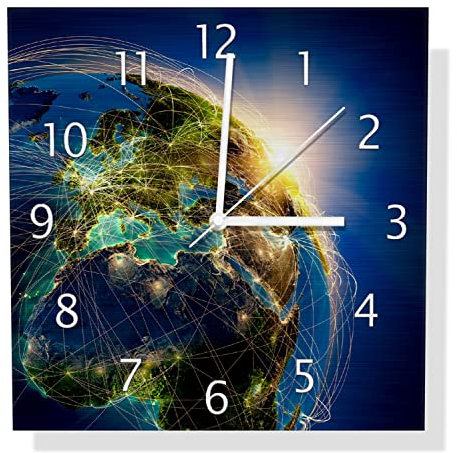 Wallario Design Wanduhr Erde im Weltall im Sonnenschein aus Aluverbund, Alu-Uhr Größe 30 x 30 cm, weiße Zeiger mit Metalloptik