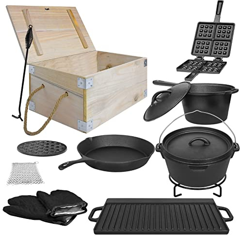 LZQ Lot de 12 fours en néerlandais dans une boîte en bois, avec accessoires de barbecue et pot en fonte de 3,6 l,plaque de cuisson,poêle à frire,casserole à manche,gaufrier en fonte, lève-couvercle